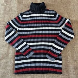 Tommy Hilfiger Woman's Red/Black/Gray/White Striped Turtleneck Sweater Size L